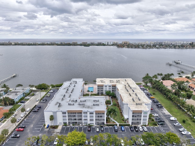 drone / aerial view with a water view