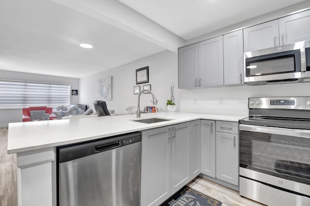 kitchen featuring kitchen peninsula, gray cabinets, sink, and stainless steel appliances