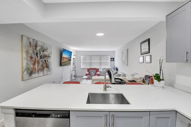 kitchen with sink, stainless steel dishwasher, gray cabinetry, and kitchen peninsula