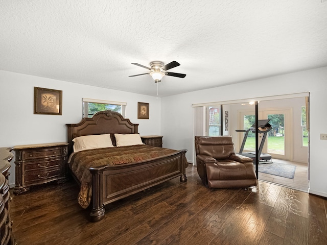 bedroom with dark hardwood / wood-style floors, access to exterior, multiple windows, and a textured ceiling