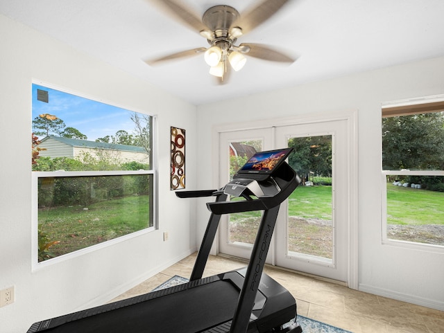 workout area with ceiling fan