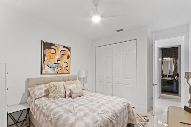 bedroom featuring ceiling fan and a closet