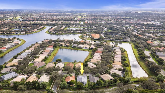 drone / aerial view featuring a water view