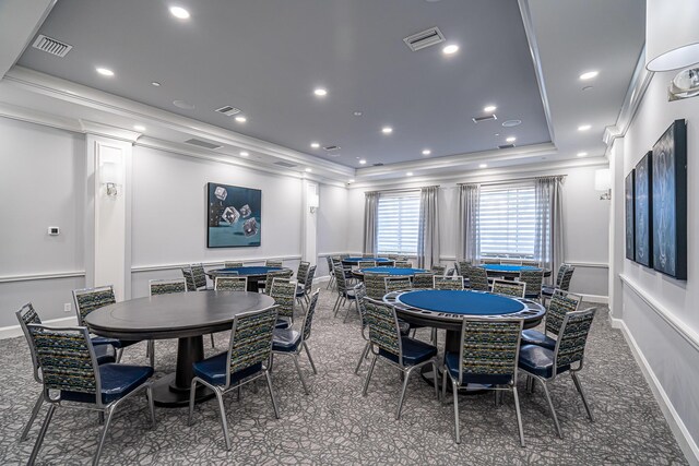 playroom featuring carpet, a tray ceiling, and pool table