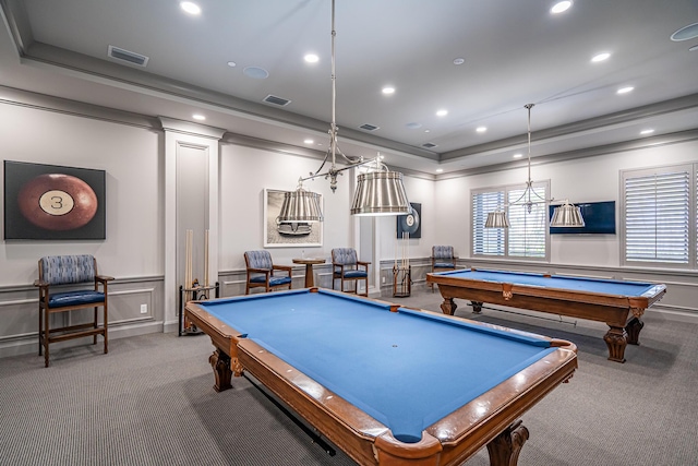 rec room with carpet, pool table, and a raised ceiling