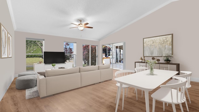 7961 Mansfield Hollow Rd, Delray Beach, FL 33446 - living area featuring vaulted ceiling, light wood-type flooring, ceiling fan, and ornamental molding