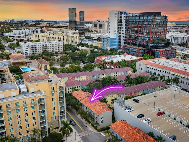 view of aerial view at dusk