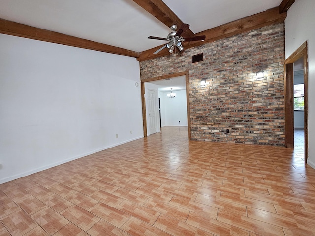 unfurnished room with ceiling fan with notable chandelier, brick wall, and beam ceiling