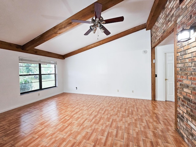 empty room featuring ceiling fan, brick wall, light hardwood / wood-style floors, and beamed ceiling