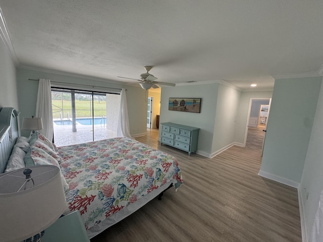 bedroom featuring crown molding, access to outside, and ceiling fan