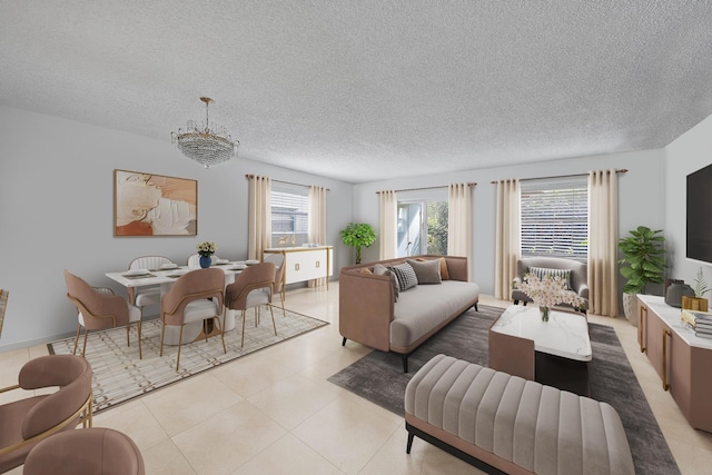 living room featuring a textured ceiling, an inviting chandelier, and light tile patterned floors