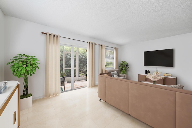 living room with a textured ceiling