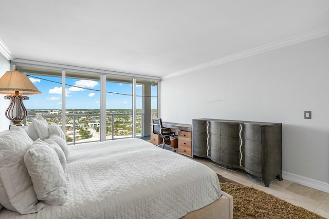 tiled bedroom with ornamental molding and floor to ceiling windows