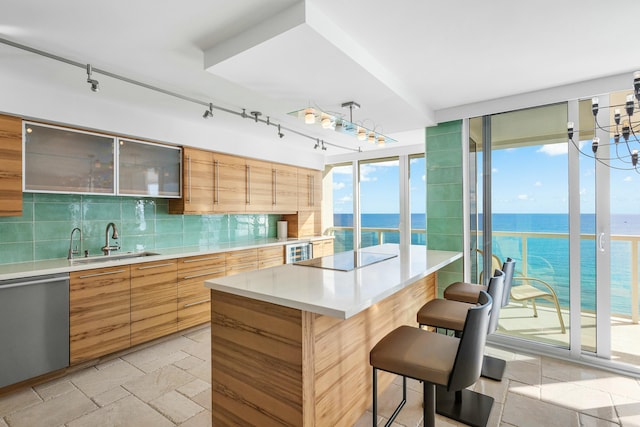 kitchen featuring backsplash, stainless steel dishwasher, a breakfast bar, sink, and a water view