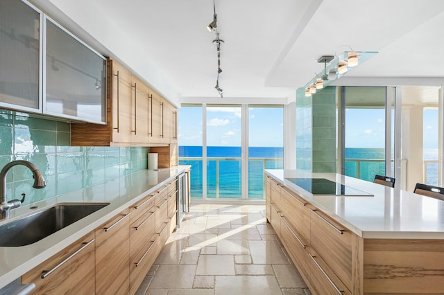 kitchen featuring sink, light brown cabinets, a water view, and tasteful backsplash