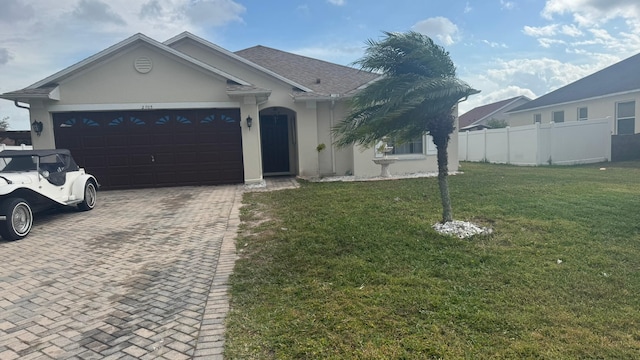 view of front of home featuring a garage and a front lawn