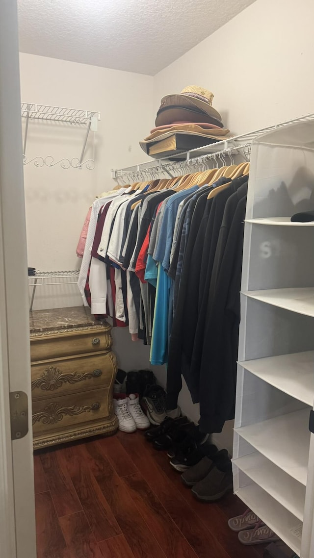 spacious closet with dark hardwood / wood-style floors