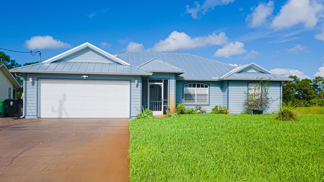 ranch-style home with a garage and a front lawn