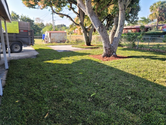 view of yard with a storage shed