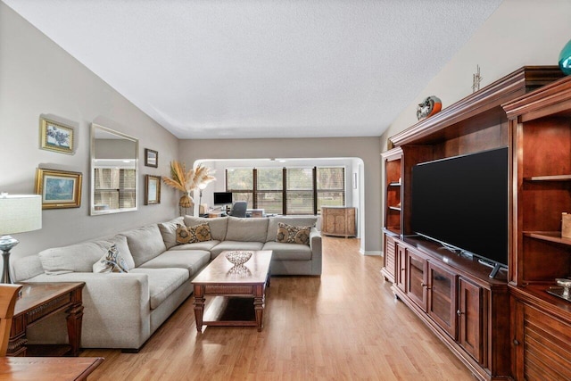 living room with vaulted ceiling, a textured ceiling, and light hardwood / wood-style flooring