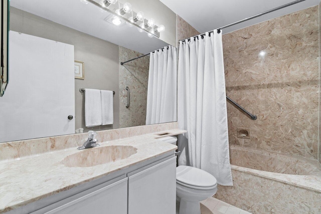 full bathroom featuring toilet, shower / tub combo, tile patterned flooring, and vanity