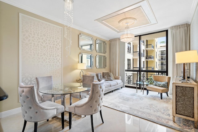 dining space featuring crown molding, light tile patterned flooring, and a wall of windows