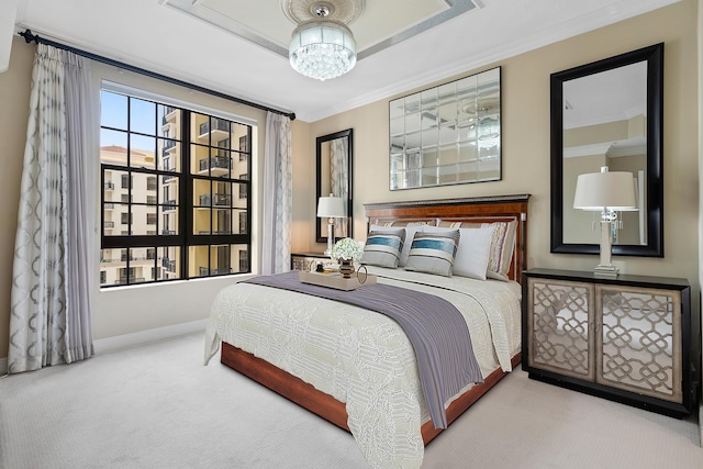 bedroom with carpet floors and ornamental molding