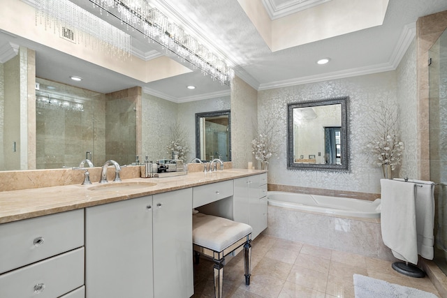 bathroom featuring vanity, tile patterned flooring, crown molding, and shower with separate bathtub