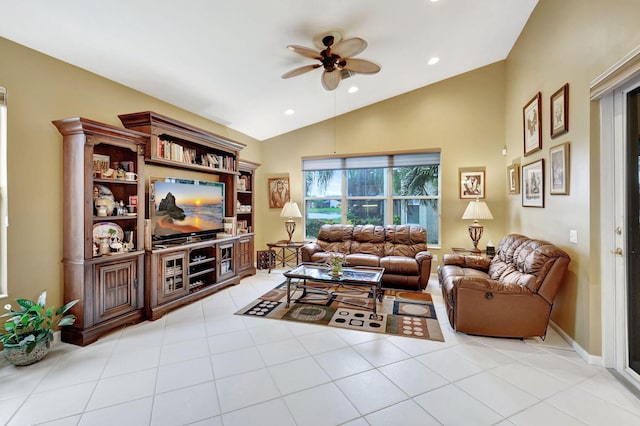 tiled living room with vaulted ceiling and ceiling fan