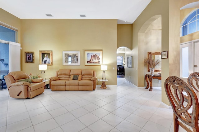 living room featuring light tile patterned floors