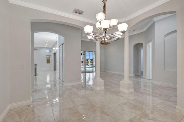 unfurnished room with an inviting chandelier and crown molding