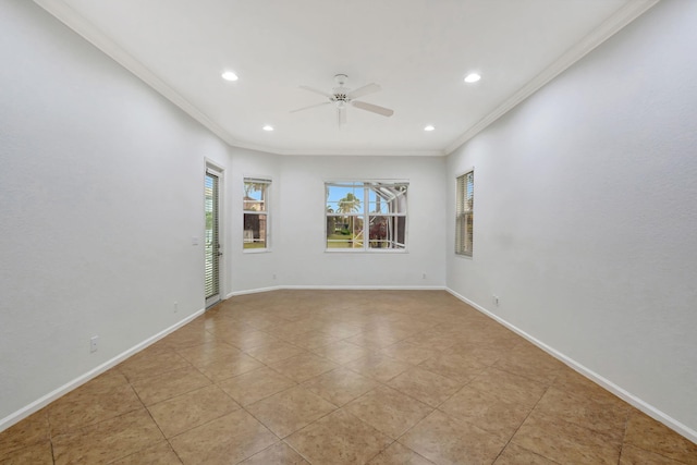 tiled empty room with ceiling fan and ornamental molding