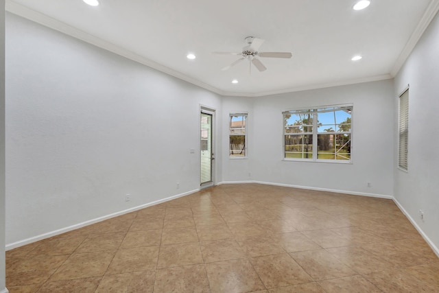 empty room with ceiling fan, light tile patterned floors, a wealth of natural light, and ornamental molding