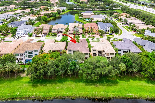 drone / aerial view featuring a water view