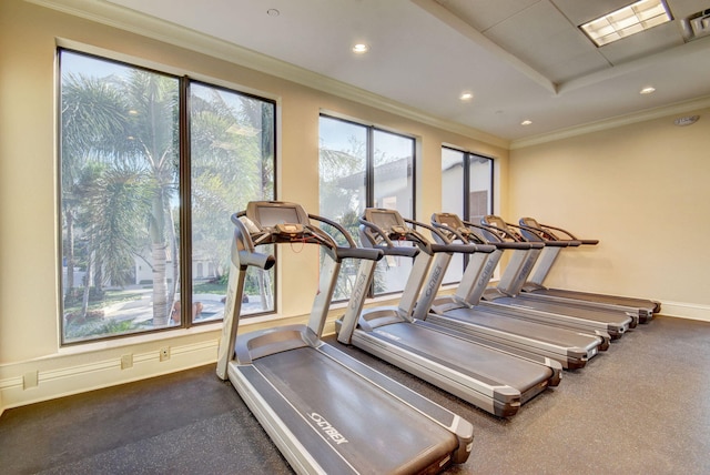 workout area with a healthy amount of sunlight, a tray ceiling, and ornamental molding