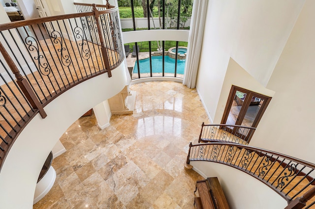 stairway with a high ceiling