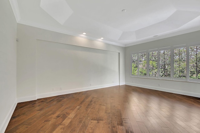 spare room with crown molding, dark hardwood / wood-style flooring, and a raised ceiling