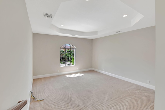 carpeted spare room featuring a tray ceiling