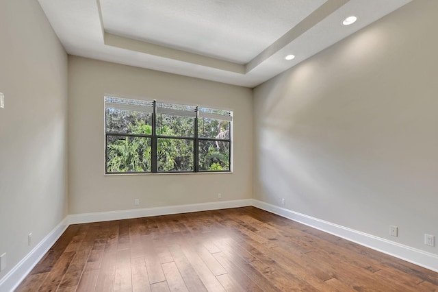 spare room featuring hardwood / wood-style floors and a raised ceiling