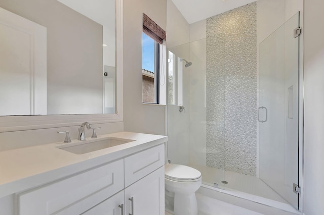 bathroom featuring walk in shower, vanity, and toilet