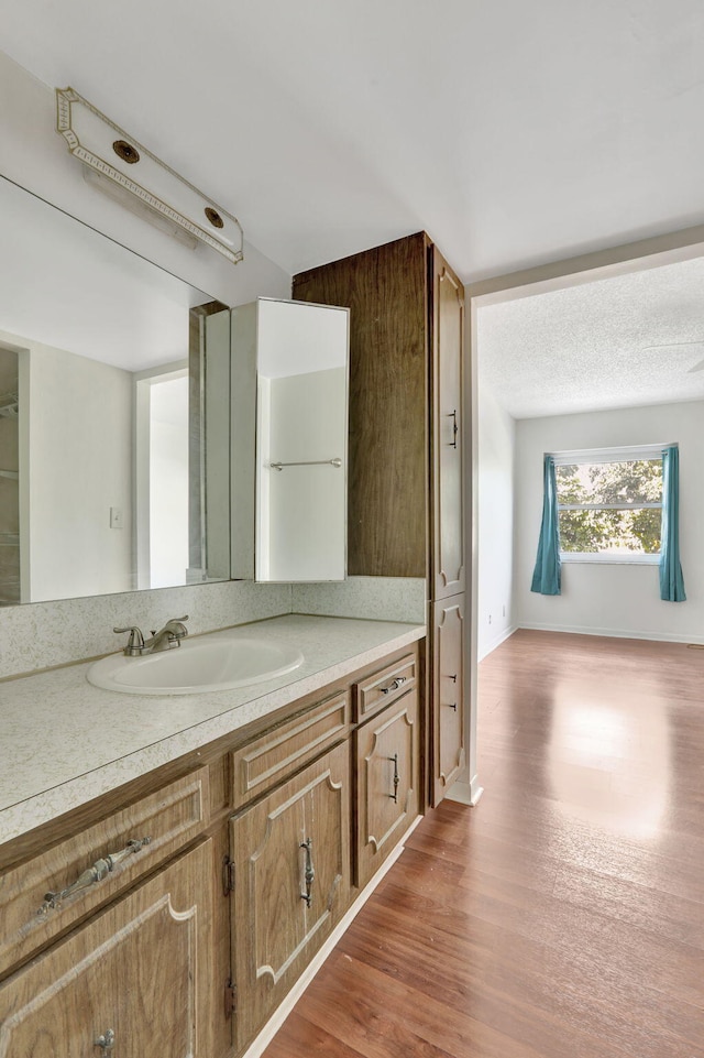 bathroom with vanity and hardwood / wood-style flooring