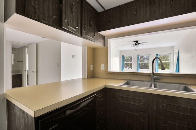 kitchen with ceiling fan, sink, dishwasher, and dark brown cabinets