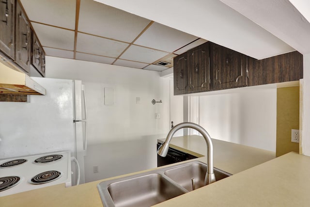 kitchen featuring a paneled ceiling, dark brown cabinets, sink, and range with electric cooktop