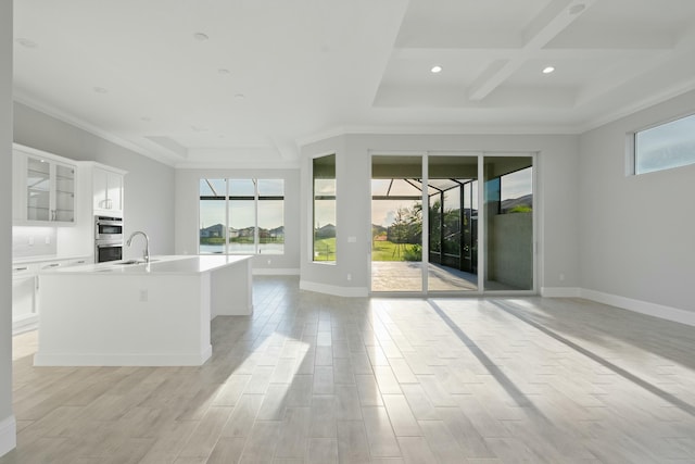 kitchen with sink, a wealth of natural light, white cabinets, and a center island with sink