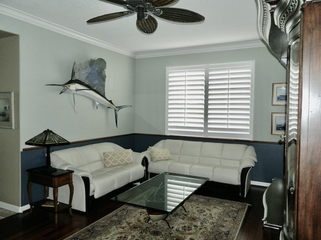 living room featuring ornamental molding and dark wood-type flooring