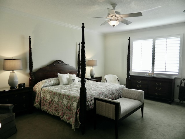 carpeted bedroom with crown molding, a textured ceiling, and ceiling fan