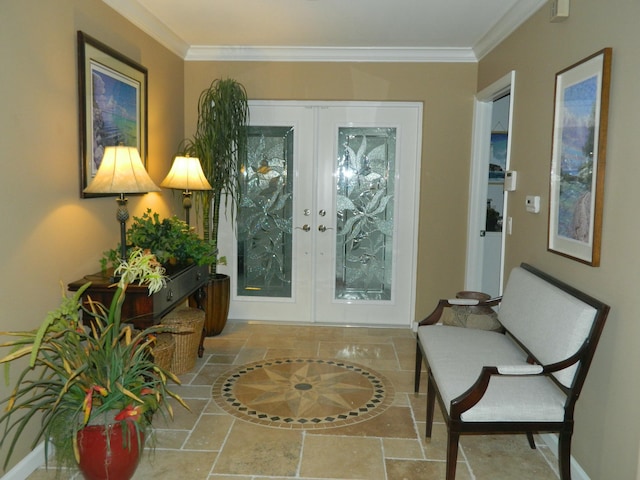 doorway to outside featuring french doors and ornamental molding