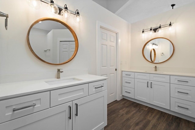 bathroom with vanity and wood-type flooring