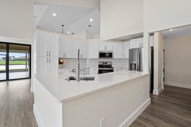 6892 Bitterbush Pl, Boynton Beach, FL 33472 - kitchen with stainless steel appliances, baseboards, high vaulted ceiling, decorative backsplash, and wood finished floors