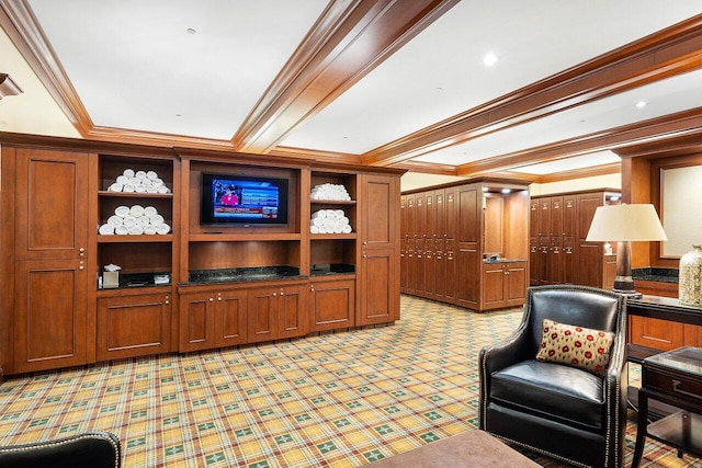 living room with beamed ceiling and crown molding